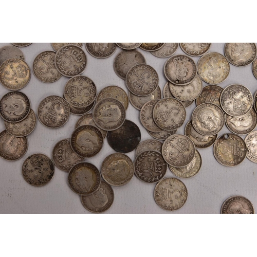 390 - A PARCEL OF EIGHTY EIGHT .925 SILVER THREEPENCE COINS, with some good grades