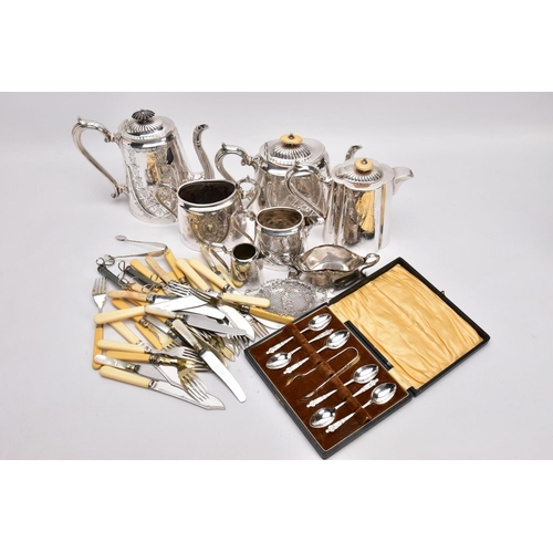 394 - A BOX OF MAINLY SILVER PLATED WARE, to include a pair of late Victorian silver sugar tongs, a late V... 