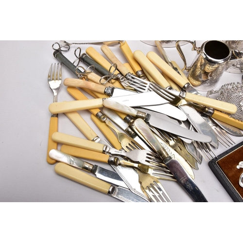 394 - A BOX OF MAINLY SILVER PLATED WARE, to include a pair of late Victorian silver sugar tongs, a late V... 