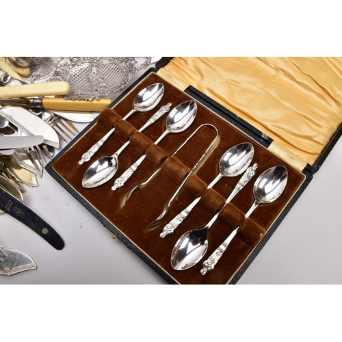 394 - A BOX OF MAINLY SILVER PLATED WARE, to include a pair of late Victorian silver sugar tongs, a late V... 