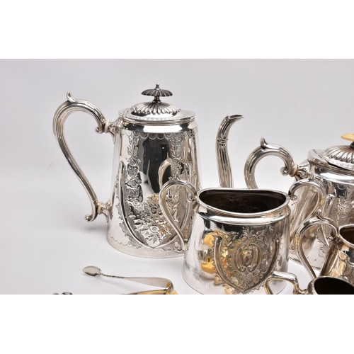 394 - A BOX OF MAINLY SILVER PLATED WARE, to include a pair of late Victorian silver sugar tongs, a late V... 