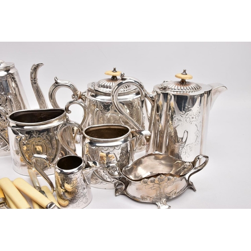 394 - A BOX OF MAINLY SILVER PLATED WARE, to include a pair of late Victorian silver sugar tongs, a late V... 