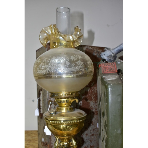 428 - SEVEN ITEMS, comprising a pair of wooden column pedestals, military marked petrol can, two oil lamps... 