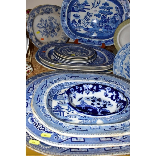 434 - FIFTEEN PIECES OF BLUE AND WHITE CERAMICS, mostly late Victorian, comprising eight meat plates, main... 