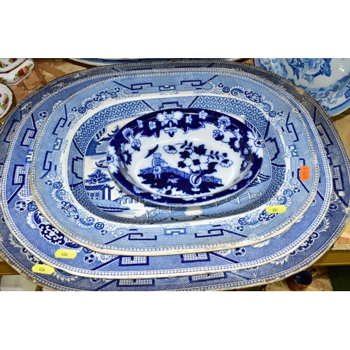 434 - FIFTEEN PIECES OF BLUE AND WHITE CERAMICS, mostly late Victorian, comprising eight meat plates, main... 