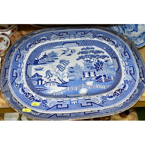 434 - FIFTEEN PIECES OF BLUE AND WHITE CERAMICS, mostly late Victorian, comprising eight meat plates, main... 