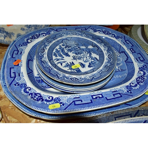 434 - FIFTEEN PIECES OF BLUE AND WHITE CERAMICS, mostly late Victorian, comprising eight meat plates, main... 