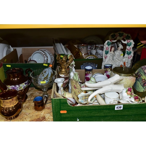 438 - THREE BOXES AND LOOSE CERAMICS AND GLASS WARES, to include Spode 'The Antique Golf Series' Plate No.... 