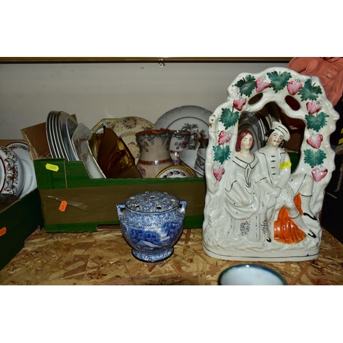 438 - THREE BOXES AND LOOSE CERAMICS AND GLASS WARES, to include Spode 'The Antique Golf Series' Plate No.... 