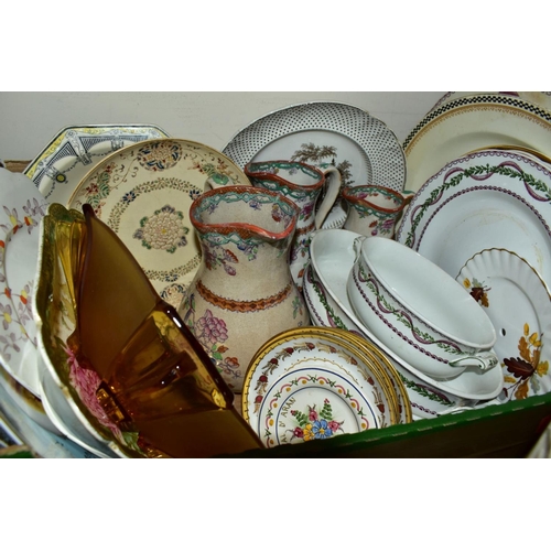 438 - THREE BOXES AND LOOSE CERAMICS AND GLASS WARES, to include Spode 'The Antique Golf Series' Plate No.... 