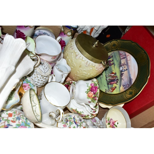 438 - THREE BOXES AND LOOSE CERAMICS AND GLASS WARES, to include Spode 'The Antique Golf Series' Plate No.... 