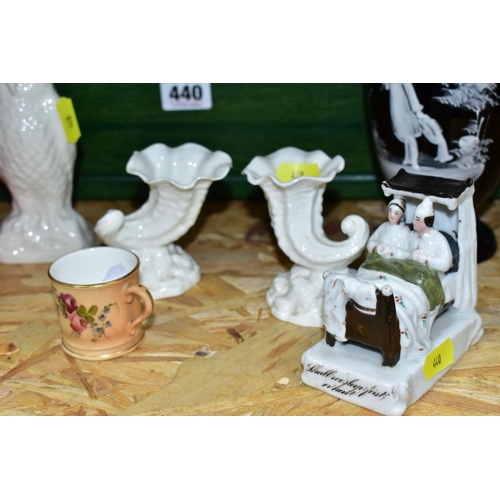 440 - A BOX AND LOOSE CERAMIC AND GLASS WARES, to include a Belleek owl height 13.5cm, pair of Royal Worce... 