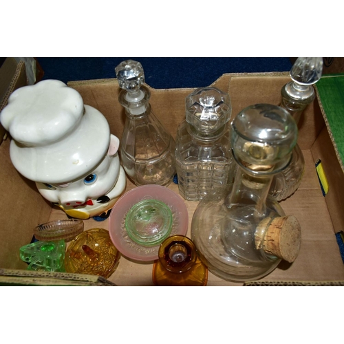 443 - TWO BOXES AND LOOSE CERAMIC AND GLASSWARE, to include a group of novelty face pots by various makers... 