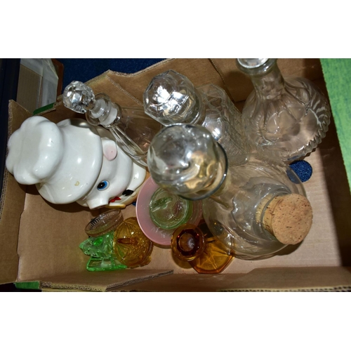 443 - TWO BOXES AND LOOSE CERAMIC AND GLASSWARE, to include a group of novelty face pots by various makers... 