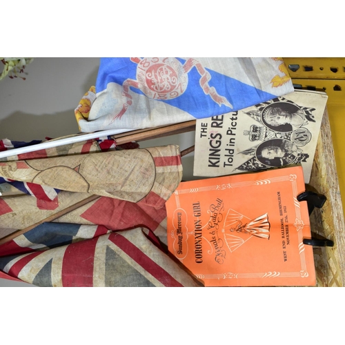 444 - SEVEN VINTAGE FLAGS AND TWO BOOKLETS, to include 'The King's Reign Told in Pictures' (King George V)... 