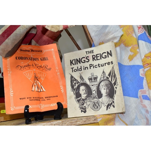 444 - SEVEN VINTAGE FLAGS AND TWO BOOKLETS, to include 'The King's Reign Told in Pictures' (King George V)... 