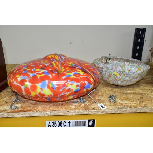 445 - TWO OPAQUE AND MULTICOLOURED CEILING LIGHT SHADES, diameter largest approximately 42cm total width, ... 