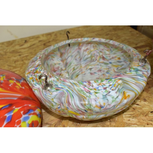 445 - TWO OPAQUE AND MULTICOLOURED CEILING LIGHT SHADES, diameter largest approximately 42cm total width, ... 