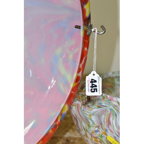 445 - TWO OPAQUE AND MULTICOLOURED CEILING LIGHT SHADES, diameter largest approximately 42cm total width, ... 