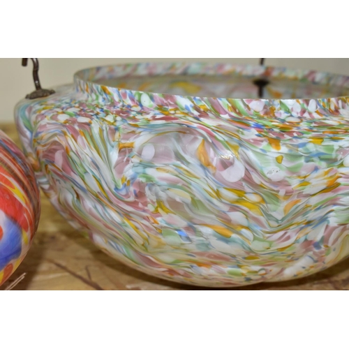 445 - TWO OPAQUE AND MULTICOLOURED CEILING LIGHT SHADES, diameter largest approximately 42cm total width, ... 