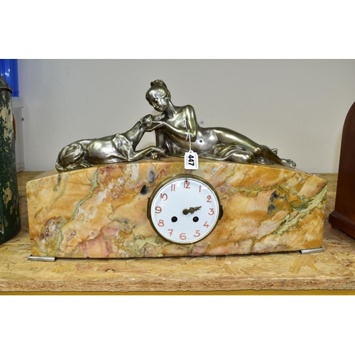 447 - A 1930'S MARBLE AND FIGURAL MANTEL CLOCK, the arched case surmounted by a silver plated female nude ... 