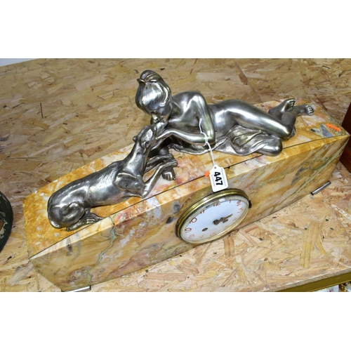 447 - A 1930'S MARBLE AND FIGURAL MANTEL CLOCK, the arched case surmounted by a silver plated female nude ... 