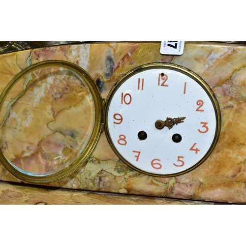 447 - A 1930'S MARBLE AND FIGURAL MANTEL CLOCK, the arched case surmounted by a silver plated female nude ... 