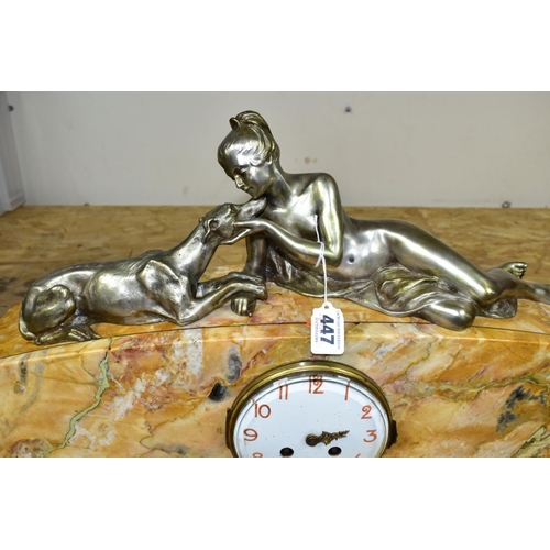 447 - A 1930'S MARBLE AND FIGURAL MANTEL CLOCK, the arched case surmounted by a silver plated female nude ... 