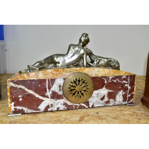 447 - A 1930'S MARBLE AND FIGURAL MANTEL CLOCK, the arched case surmounted by a silver plated female nude ... 