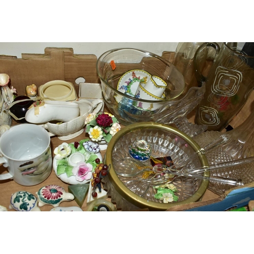 455 - SIX BOXES OF CERAMICS AND GLASSWARES, to include three 19th century Wedgwood majolica plates, impres... 