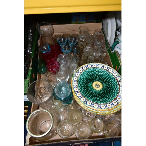 455 - SIX BOXES OF CERAMICS AND GLASSWARES, to include three 19th century Wedgwood majolica plates, impres... 