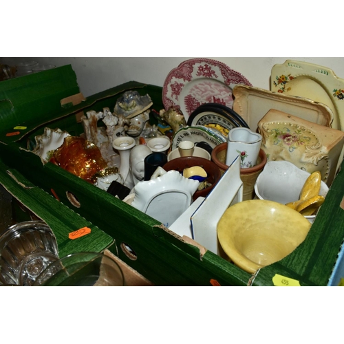 455 - SIX BOXES OF CERAMICS AND GLASSWARES, to include three 19th century Wedgwood majolica plates, impres... 