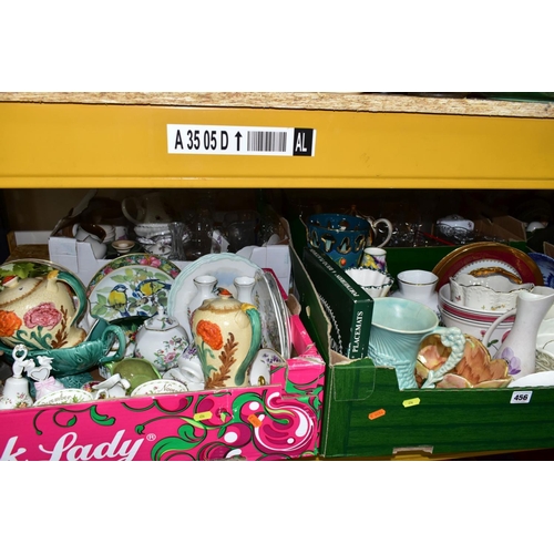 456 - FOUR BOXES OF CERAMICS AND GLASS to include Sadler gold lustre striped tea pot (some wear to gilding... 