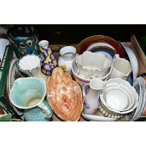 456 - FOUR BOXES OF CERAMICS AND GLASS to include Sadler gold lustre striped tea pot (some wear to gilding... 