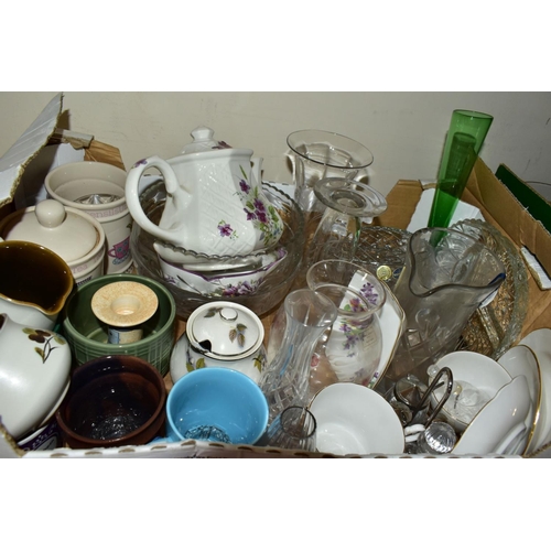 456 - FOUR BOXES OF CERAMICS AND GLASS to include Sadler gold lustre striped tea pot (some wear to gilding... 