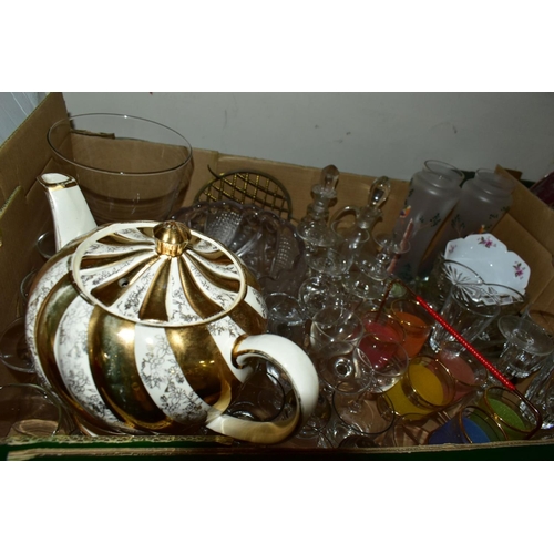 456 - FOUR BOXES OF CERAMICS AND GLASS to include Sadler gold lustre striped tea pot (some wear to gilding... 