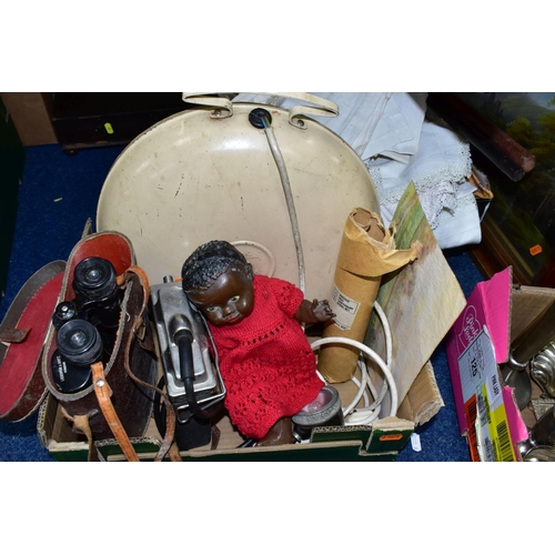 457 - FOUR BOXES AND LOOSE METALWARES, LINENS, PICTURES AND VINTAGE HOUSEHOLD ITEMS, to include box of vin... 