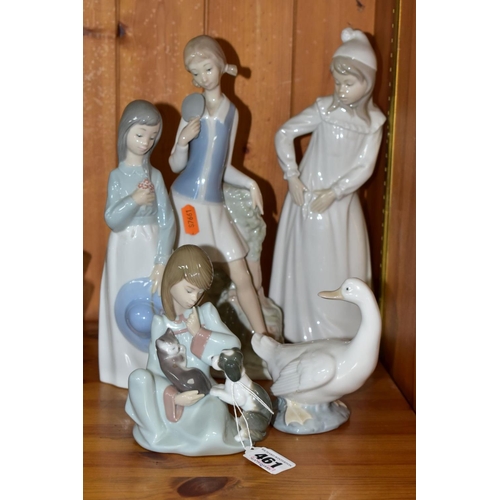 461 - A LLADRO AND FOUR NAO FIGURINES, the Lladro 5640 'Cat Nap', designed by Juan Huerta, issued 1990, he... 