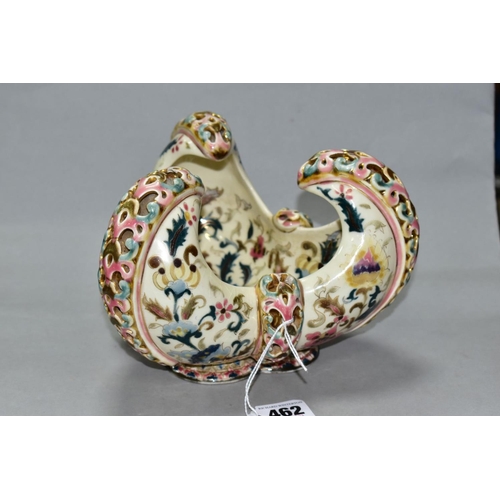 462 - A ZSOLNAY PECS BOWL OF TRIFORM, pierced scrolls and painted with foliate scrolls, printed factory ma... 