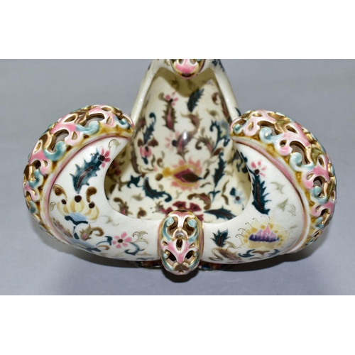 462 - A ZSOLNAY PECS BOWL OF TRIFORM, pierced scrolls and painted with foliate scrolls, printed factory ma... 