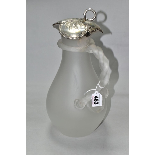 463 - A FROSTED GLASS WATER JUG OF BALUSTER FORM, with vine leaf shaped white metal hinged cover, indistin... 