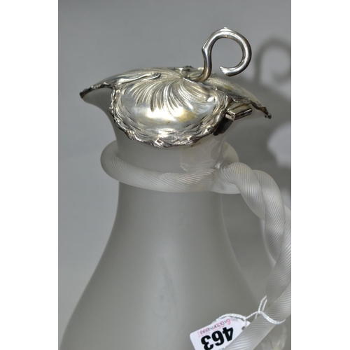 463 - A FROSTED GLASS WATER JUG OF BALUSTER FORM, with vine leaf shaped white metal hinged cover, indistin... 