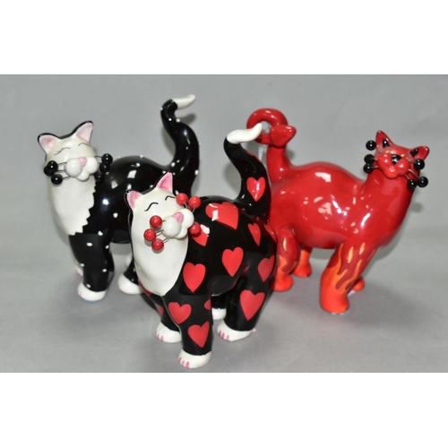 464 - THREE LACOMBE WILLITTS DESIGNS 'WHIMSICLAY' CERAMIC CATS, comprising a black and white polka dot cat... 