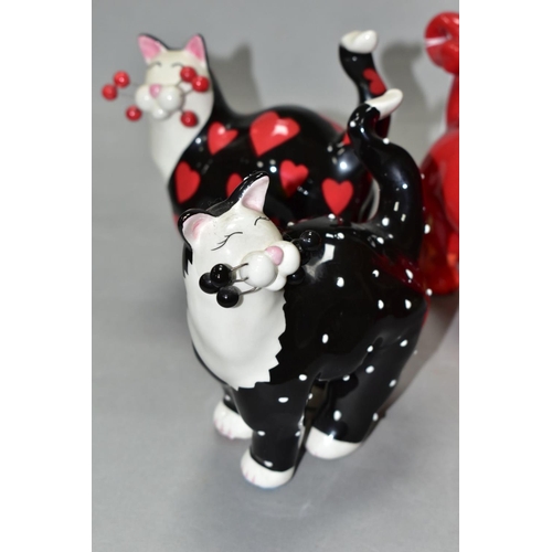 464 - THREE LACOMBE WILLITTS DESIGNS 'WHIMSICLAY' CERAMIC CATS, comprising a black and white polka dot cat... 