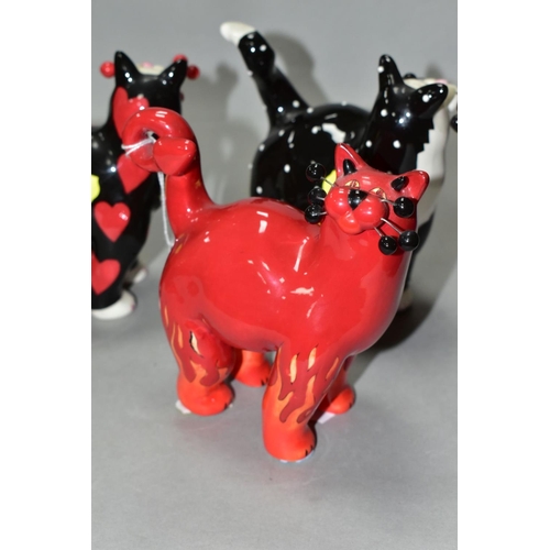 464 - THREE LACOMBE WILLITTS DESIGNS 'WHIMSICLAY' CERAMIC CATS, comprising a black and white polka dot cat... 