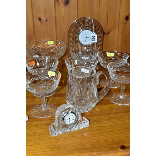 465 - TEN WATERFORD CRYSTAL ITEMS, comprising 'Cascade' mantle clock, approximately 21cm x 14cm, 'Lismore'... 