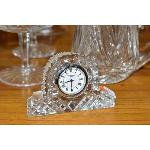 465 - TEN WATERFORD CRYSTAL ITEMS, comprising 'Cascade' mantle clock, approximately 21cm x 14cm, 'Lismore'... 