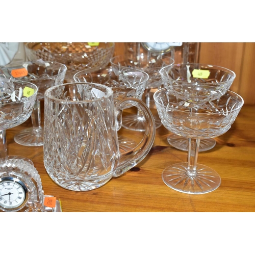 465 - TEN WATERFORD CRYSTAL ITEMS, comprising 'Cascade' mantle clock, approximately 21cm x 14cm, 'Lismore'... 