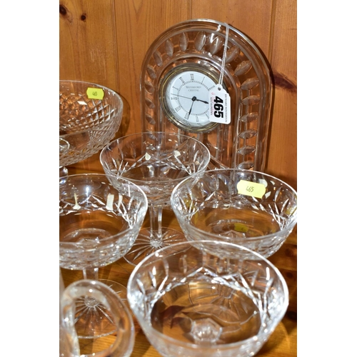 465 - TEN WATERFORD CRYSTAL ITEMS, comprising 'Cascade' mantle clock, approximately 21cm x 14cm, 'Lismore'... 