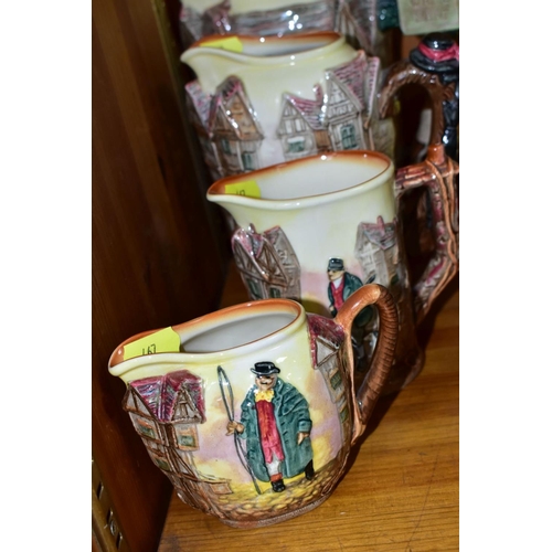 467 - FIVE ROYAL DOULTON CHARLES DICKENS RELIEF MOULDED SERIES WARE JUGS, largest 19.5cm, D6394, featuring... 